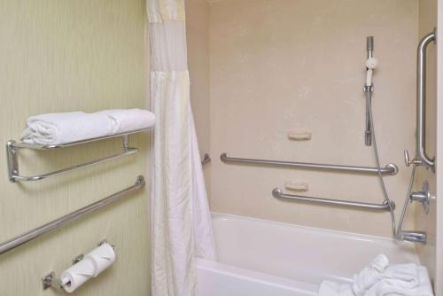 a bathroom with a shower and a tub and a toilet at Hilton Garden Inn Indianapolis/Carmel in Carmel