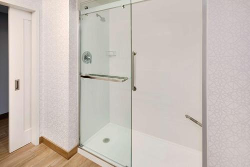 a glass shower door in a white bathroom at Hampton Inn & Suites St. Augustine-Vilano Beach in St. Augustine