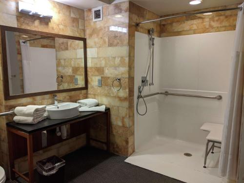 a bathroom with a sink and a shower at The Tudor Arms Hotel Cleveland - a DoubleTree by Hilton in Cleveland