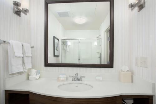 bagno bianco con lavandino e specchio di Hilton Garden Inn Lincoln Downtown/Haymarket a Lincoln