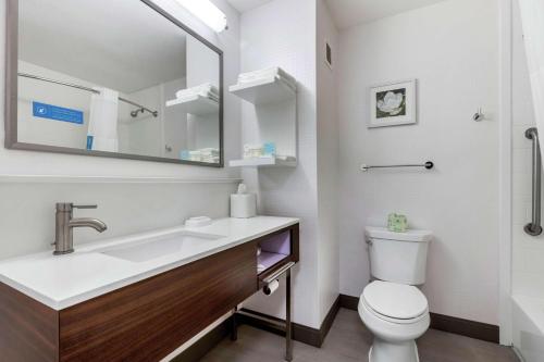 a bathroom with a sink and a toilet and a mirror at Hampton Inn Brookhaven in Brookhaven
