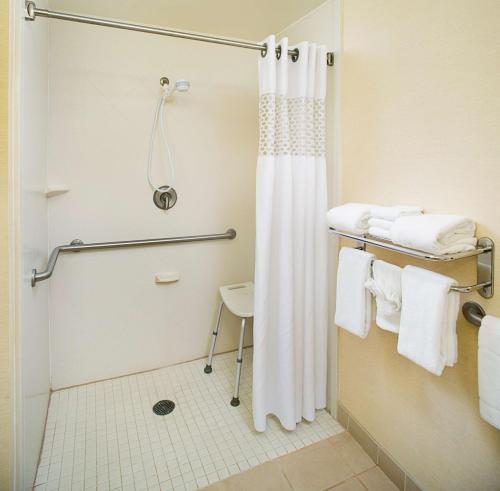 a bathroom with a shower with a shower curtain at Hampton Inn & Suites Lancaster in Lancaster
