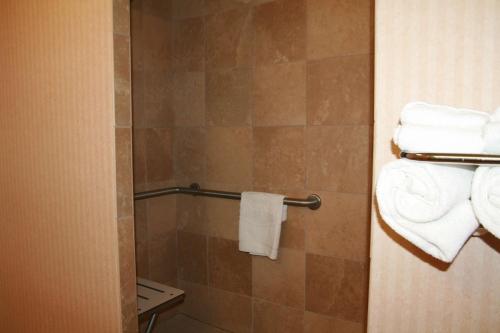 a bathroom with a shower with towels and a toilet at Hampton Inn Las Vegas/North Speedway in Las Vegas