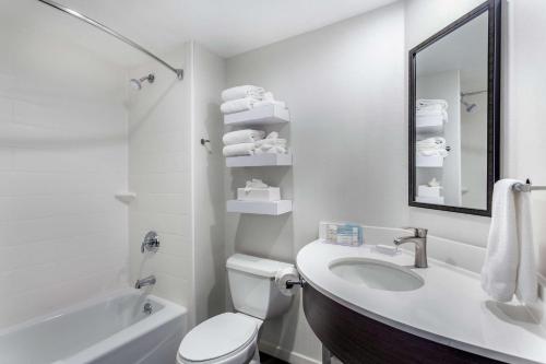La salle de bains est pourvue d'un lavabo, de toilettes et d'un miroir. dans l'établissement Hampton Inn Milwaukee Airport, à Milwaukee