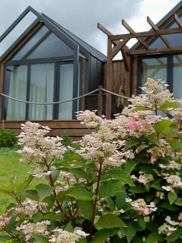 a bush with pink flowers in front of a house at Pod Gwiazdami in Cisna