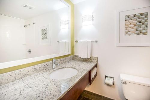 a bathroom with a sink and a toilet and a mirror at Hilton Garden Inn Orange Beach in Gulf Shores