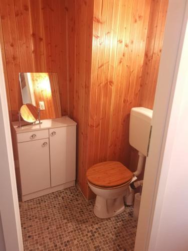 a bathroom with a toilet with a wooden wall at La Bergerie in La Neuveville