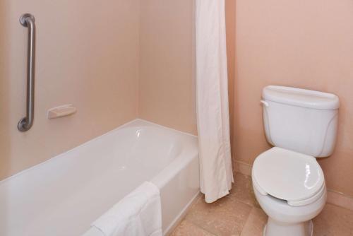 a bathroom with a toilet and a white tub and a toilet at Hampton Inn by Hilton Litchfield in Litchfield