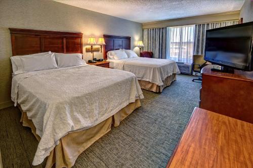 um quarto de hotel com duas camas e uma televisão de ecrã plano em Hampton Inn Manning em Manning