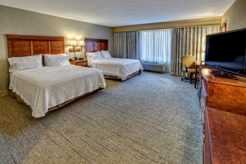 a hotel room with two beds and a flat screen tv at Hampton Inn Manning in Manning