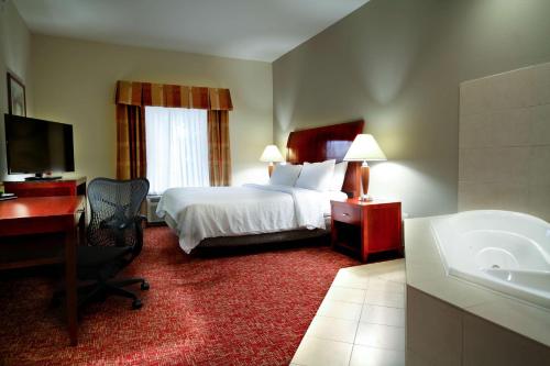 エルクハートにあるHilton Garden Inn Elkhartのベッド、デスク、バスタブが備わるホテルルームです。