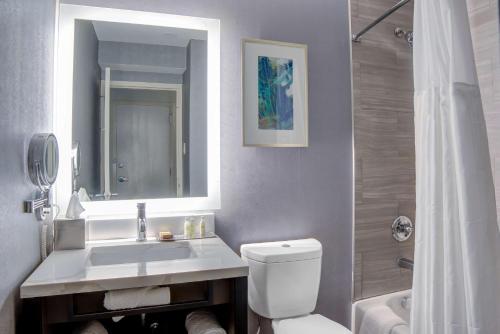 a bathroom with a sink and a toilet and a shower at Doubletree by Hilton Harrisonburg in Harrisonburg