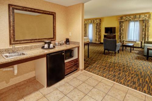 Habitación de hotel con lavabo y sala de estar. en Hampton Inn Roanoke Rapids, en Roanoke Rapids