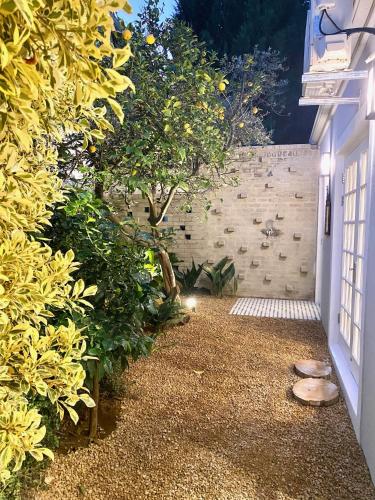 a small courtyard with a tree and a building at 1 Royal Street Guesthouse in Riebeek-Kasteel
