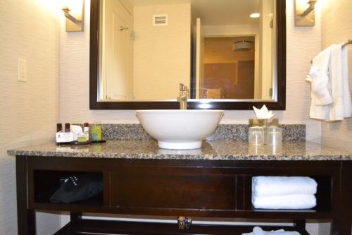 a bathroom with a sink and a large mirror at Embassy Suites Palmdale in Palmdale