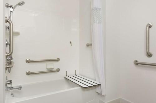 a bathroom with a shower curtain and a bath tub at Hampton Inn By Hilton North Olmsted Cleveland Airport in North Olmsted