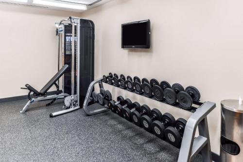 a room with a gym with dumbbells and a tv at Hilton Garden Inn Detroit Southfield in Southfield