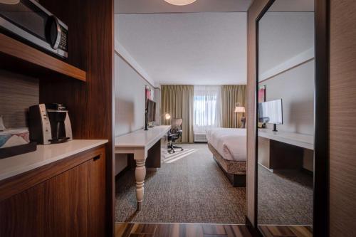 a hotel room with a bed and a desk and a mirror at Hilton Garden Inn Detroit Southfield in Southfield