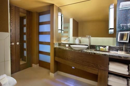 a bathroom with a sink and a large mirror at Hilton Palacio del Rio in San Antonio