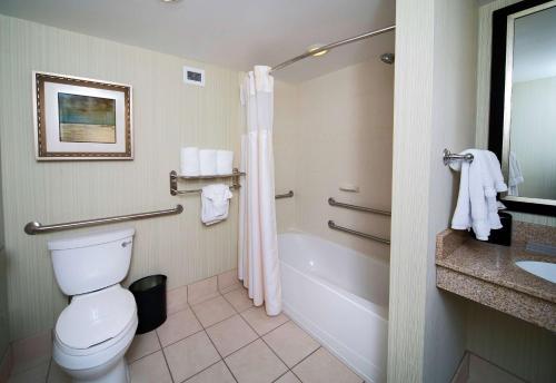 a bathroom with a toilet and a tub and a sink at Hilton Garden Inn Valdosta in Valdosta