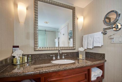 a bathroom with a sink and a large mirror at DoubleTree by Hilton Princeton in Princeton