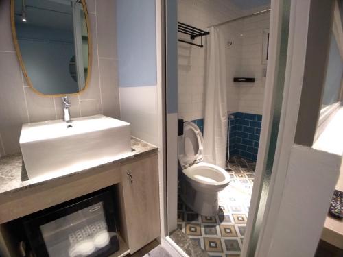 a bathroom with a sink and a toilet and a mirror at 愛旅行民宿&近東大門夜市 in Hualien City