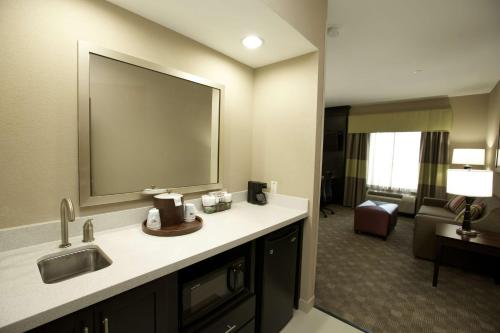 a bathroom with a sink and a living room at Hampton Inn and Suites Missouri City in Missouri City