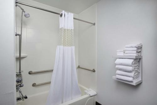 ein weißes Bad mit einem Duschvorhang und Handtüchern in der Unterkunft Hampton Inn Shelbyville in Shelbyville