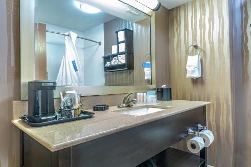 a bathroom with a sink and a large mirror at Hampton Inn Milledgeville in Milledgeville