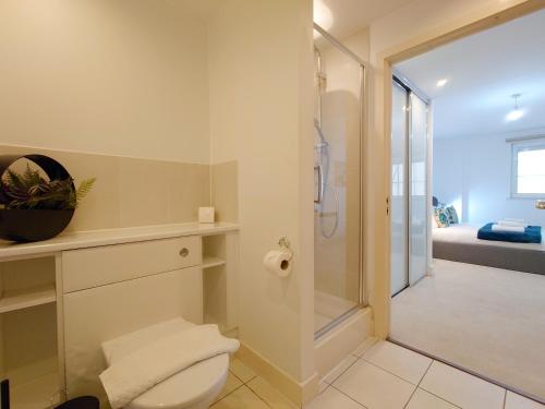 a bathroom with a toilet and a glass shower at Serviced Two Bed Apartment London Docklands in Beckton