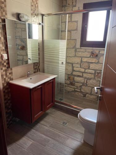 a bathroom with a sink and a shower and a toilet at Villa Maria 3 in Gliki