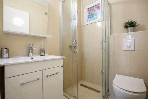 a bathroom with a shower and a toilet and a sink at Villa Palma in Kotor