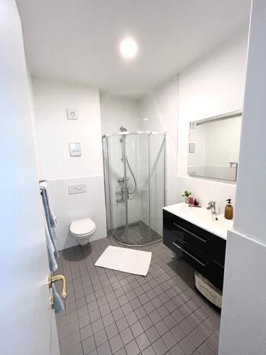 a bathroom with a shower and a toilet and a sink at Beach House Buinac in Brist