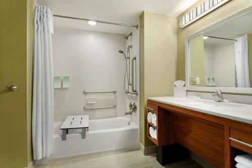 Home2 Suites by Hilton Denver West / Federal Center في ليكوود: حمام مع حوض ومغسلة ودش