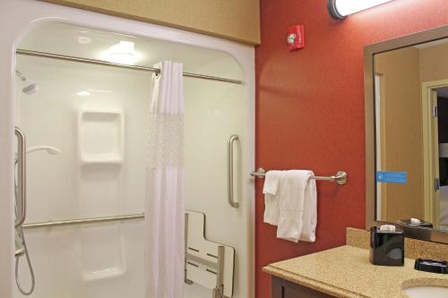 een badkamer met een douche en een douchegordijn bij Hampton Inn & Suites - Saint Louis South Interstate 55 in Saint Louis