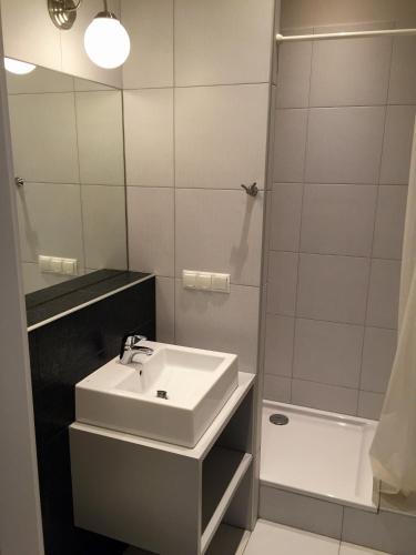 a bathroom with a sink and a mirror and a tub at Apartment Sopot I in Sopot