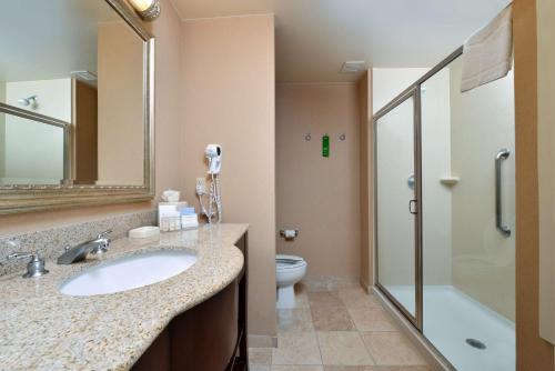 La salle de bains est pourvue d'un lavabo, d'une douche et de toilettes. dans l'établissement Hampton Inn & Suites Tacoma, à Tacoma