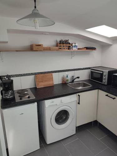 une cuisine avec une machine à laver et un évier dans l'établissement Studio 27m2 77410 Claye Souilly CDG Disney Astérix, à Claye-Souilly