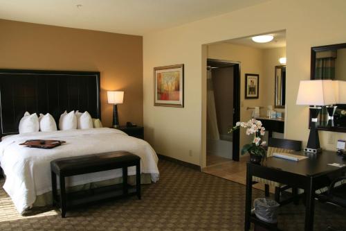 マッカレスターにあるHampton Inn & Suites McAlesterのベッドとデスクが備わるホテルルームです。