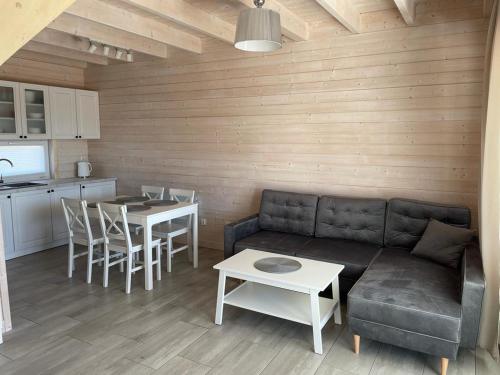 a living room with a couch and a table and a kitchen at Silver Park in Gąski