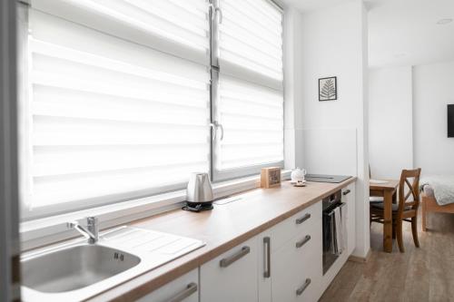 a kitchen with a sink and a large window at Samoobslužné Apartmány Evičenstvo in Třinec