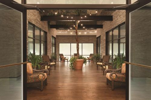 a lobby with chairs and plants in a building at Hilton Garden Inn Rochester Downtown, NY in Rochester