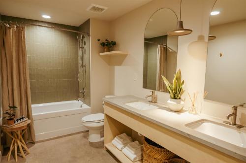 a bathroom with a sink and a toilet and a tub at Brut Hotel in Tulsa