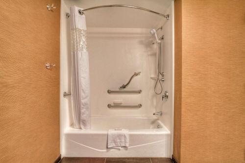 um chuveiro na casa de banho com uma banheira branca em Hampton Inn Jonesville/Elkin em Arlington