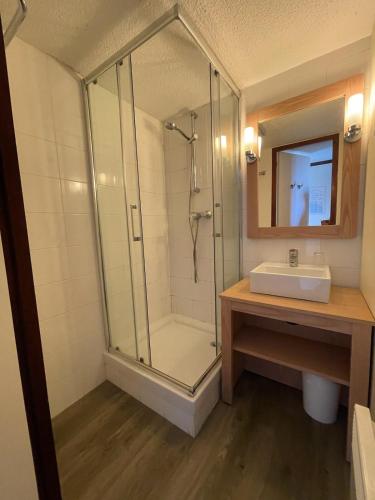une salle de bain avec douche et lavabo dans l'établissement Vue capitainerie, à Arzon