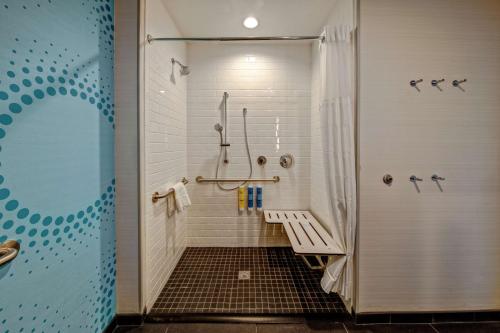 a bathroom with a shower with a bench in it at Tru By Hilton Roanoke Hollins in Roanoke