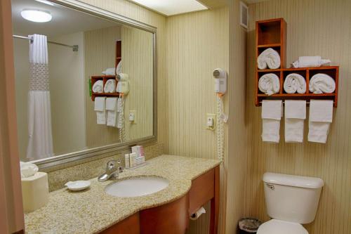 a bathroom with a sink and a toilet and a mirror at Hampton Inn Dayton/Huber Heights in Huber Heights