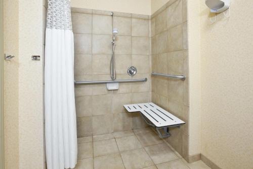 a bathroom with a shower with a bench in it at Hampton Inn Pittsburgh Area-Beaver Valley-Center Township in Monaca