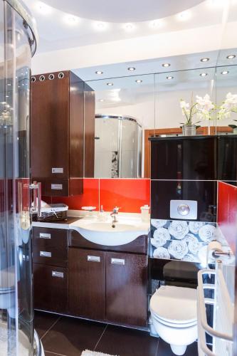 a bathroom with a sink and a toilet and a mirror at Apartament Abrahama in Gdynia