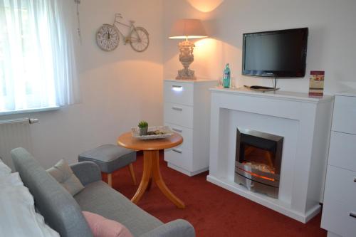 a living room with a fireplace and a tv at Hotel & Restaurant Zur Linde in Freital